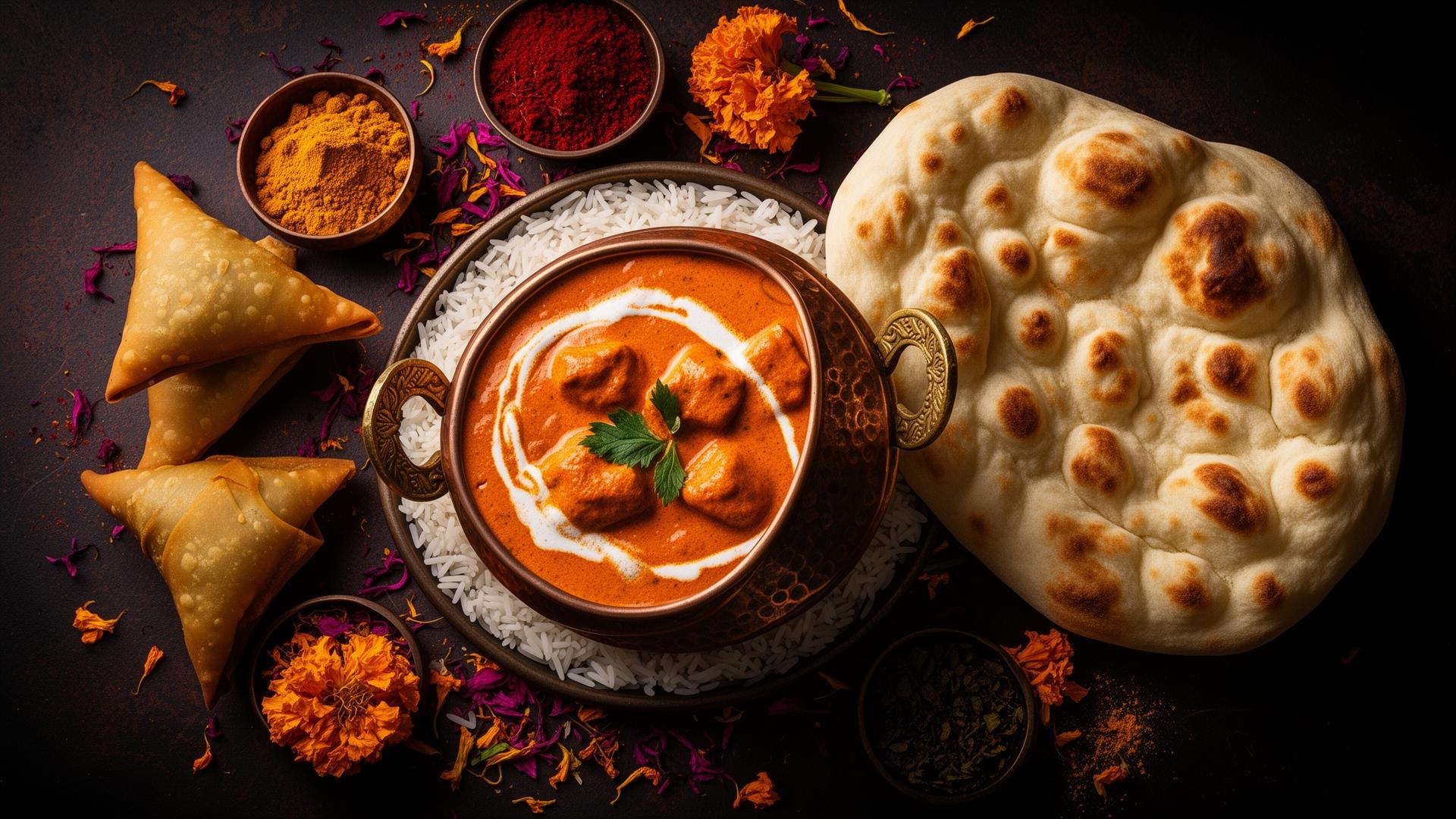 Indian feast with butter chicken, naan, samosas and spices